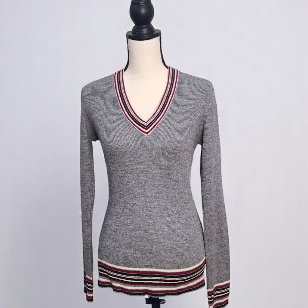 Lord & Taylor Gray V-Neck Sweater with Red and White Trim